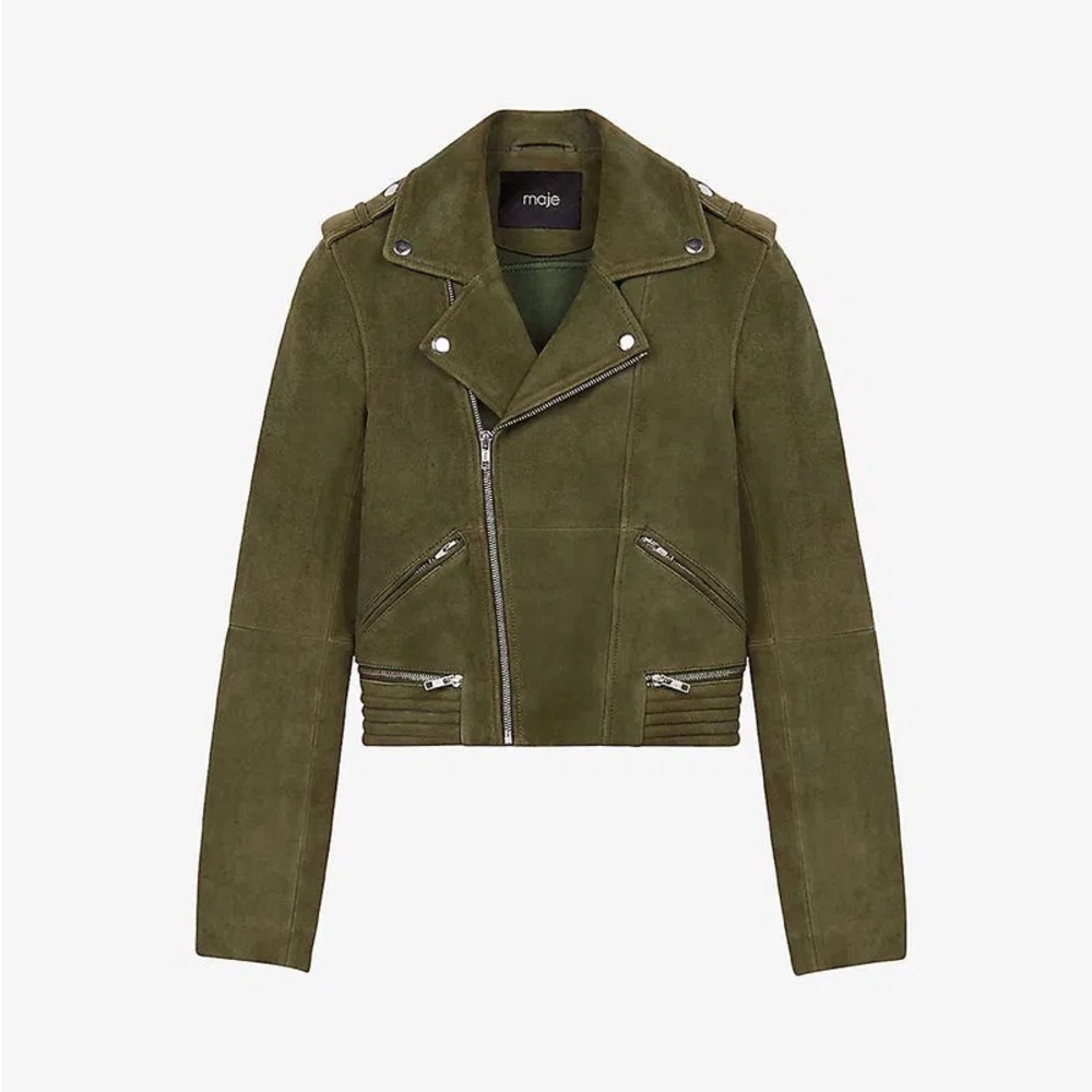 Maje • Basalt Suede Biker Jacket olive green leather moto asymmetrical zip front